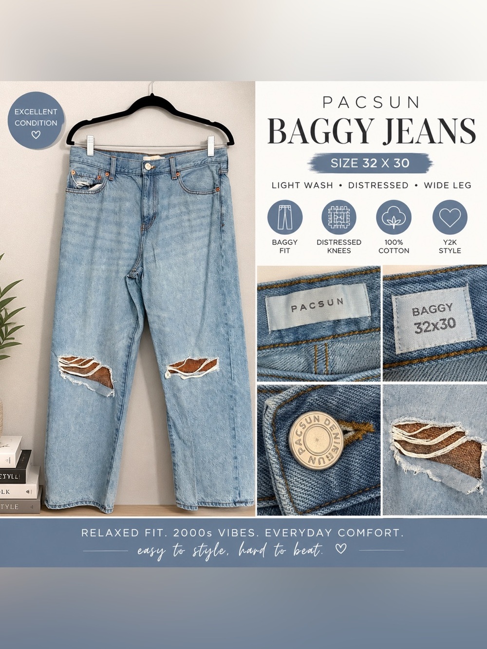 PACSUN Baggy Jeans 32x30 Distressed Light Wash Wide Leg Denim